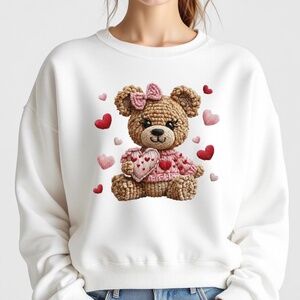 Valentine's Day Sweatshirt Bear hearts Faux Crochet White New S M L XL Cute soft